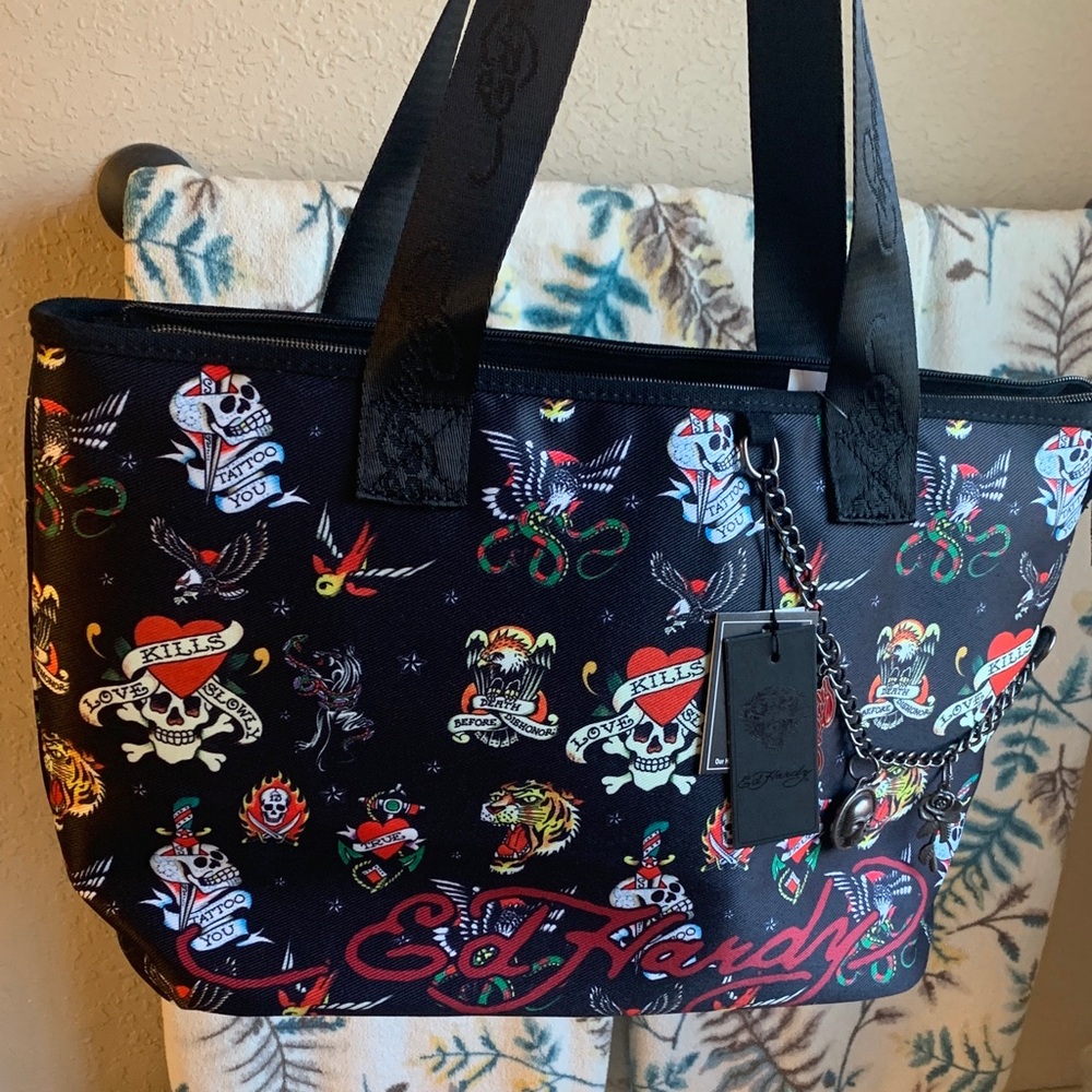 Ed Hardy Black and Red Tattoo-Inspired Canvas Tote with bag charms